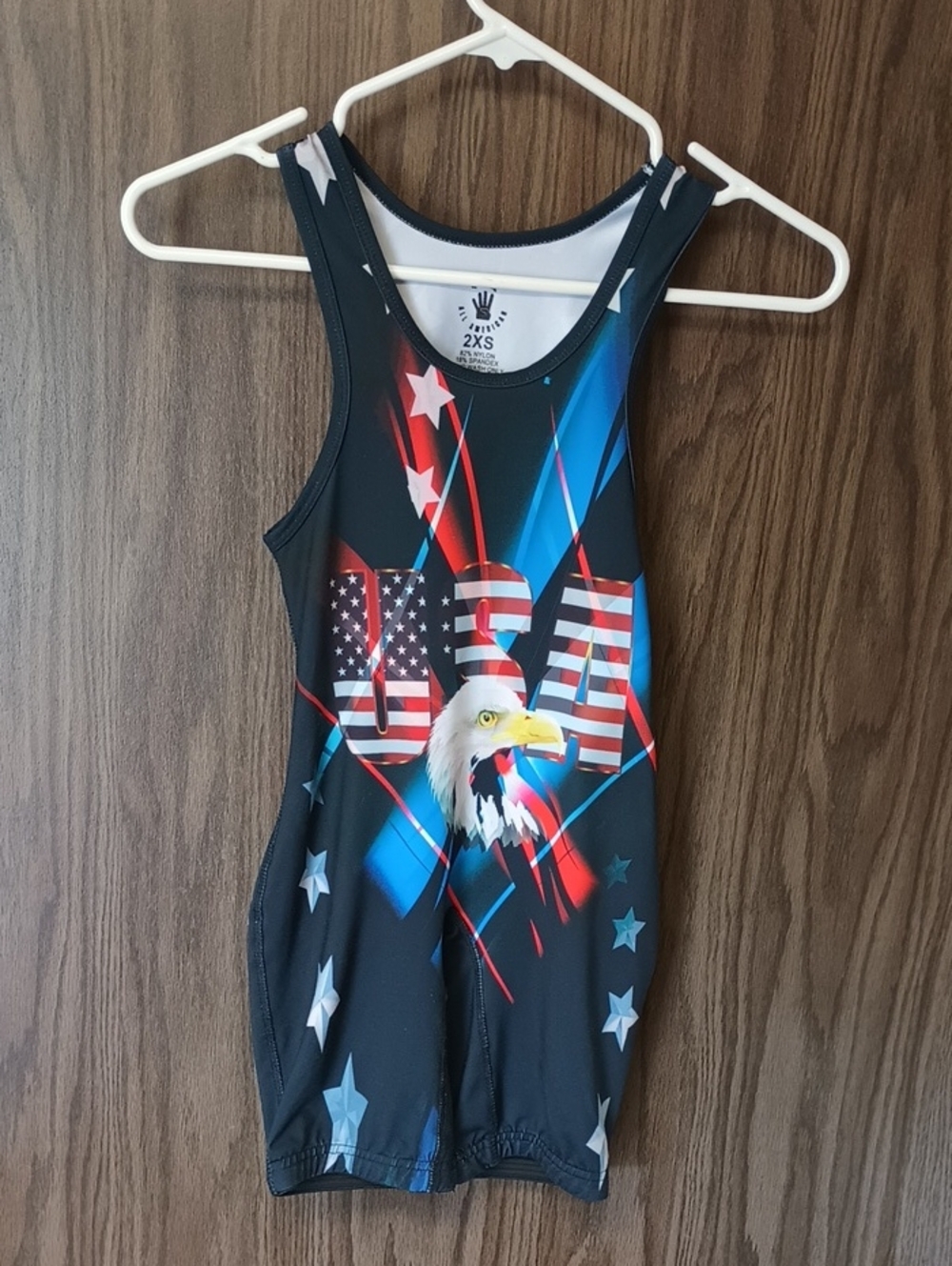 2XS Patriotic Eagle Youth Wrestling Singlet Black with Red & Blue Accents